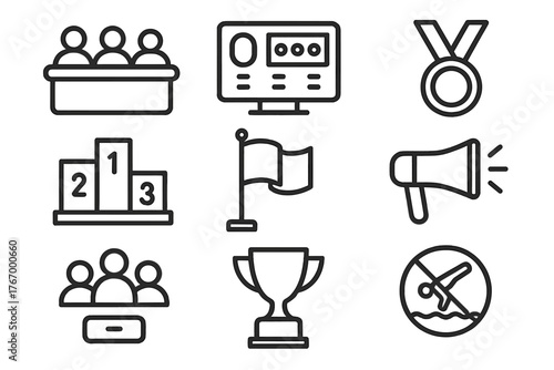 Diving Competition Icons. Line style icons of Diving competition: judges table, scoreboard, medal, podium, flag, starting horn,
