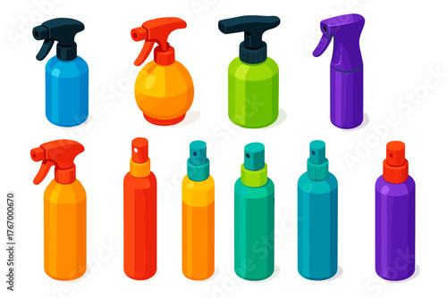 Vibrant Haircare Tools. Isometric vector illustration set Hairdressing and Grooming Tools: spray bottle, water mister, pump