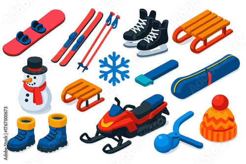 Winter Sports Icons. Isometric vector illustration set winter sports and fun: freeride snowboard, slalom skis, hockey skates,