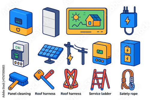 Sustainable Energy Icons. Isometric vector illustration set Energy and Sustainability: home solar inverter, solar battery wall,