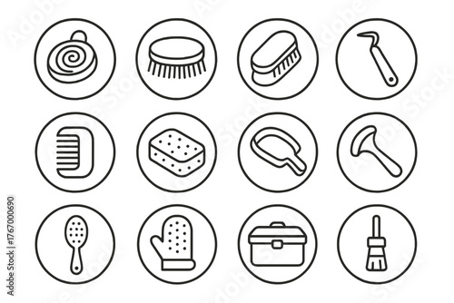 Horse Grooming Tools. Line style icons of horse grooming tools in round shape: curry comb, stiff brush, hoof pick, mane comb;