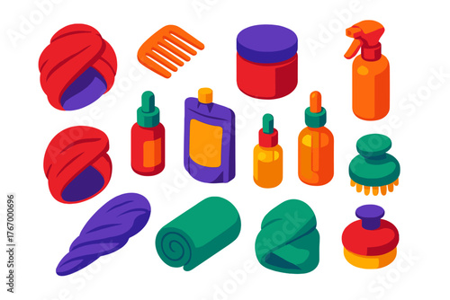 Wellness Beauty Essentials. Isometric vector illustration set Wellness, Relaxation, and Beauty Essentials: hair turban towel,