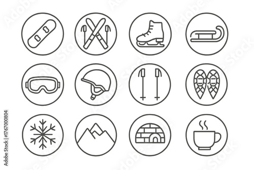 Winter Sports Icons. Line style circular vector icons of Winter Sports: Snowboard, Skis, Ice Skates, Sled; Goggles, Helmet, Ski