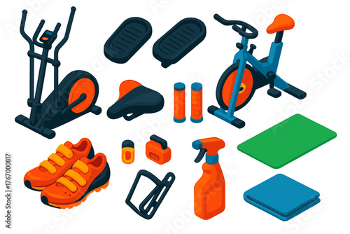Fitness Gear Icons. Isometric vector illustration set Fitness and Workout Essentials: cross trainer, elliptical pedals, flywheel