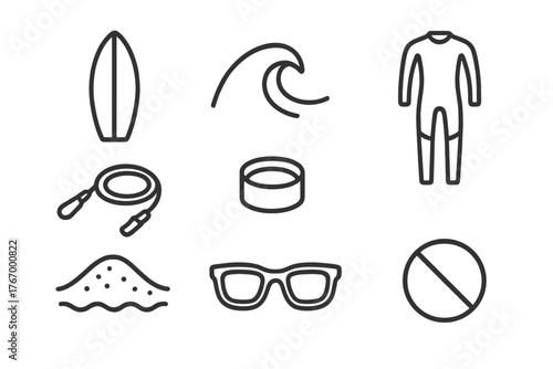 Surfing Essentials Icons. Line style icons of Surfing: Surfboard, Wave, Wetsuit, Leash, Surf Wax, Fins, Beach Sand, Sunglasses, No