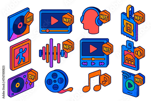 Vibrant NFT Media Icons. Isometric vector illustration set NFT Music and Media: music NFT album cover, video NFT thumbnail,