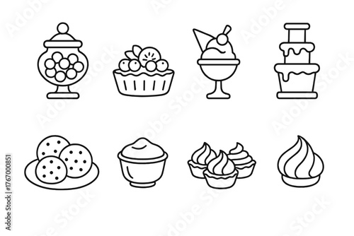 Dessert Table Icons. Line style icons of Dessert Table: Candy Jar, Fruit Tart, Ice Cream Sundae, Chocolate Fountain, Cookie Plate,