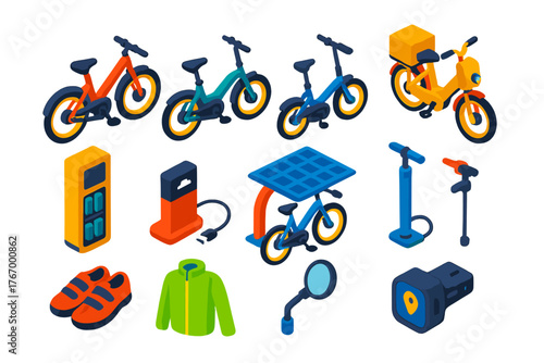 Electric Bicycle Icons. Isometric vector illustration set electric bicycle: pedal-assist e-bike, throttle e-bike, folding compact