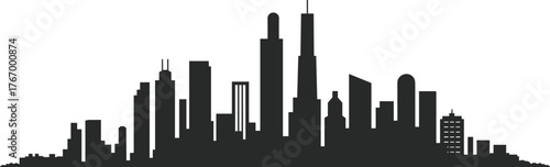 City skyline silhouette illustration, urban architecture graphic, black skyscraper design, modern building icons, symmetrical skyline art, metropolitan structure pack