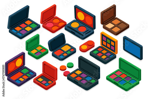 Vibrant Makeup Icons. Isometric vector illustration set Makeup Essentials and Accessories: makeup palette, blush palette,