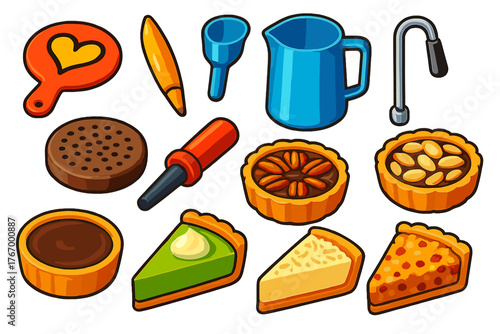 Coffee Gear & Treats. Isometric vector illustration set Coffee Equipment and Breakfast Treats: cappuccino stencil, latte art pen,