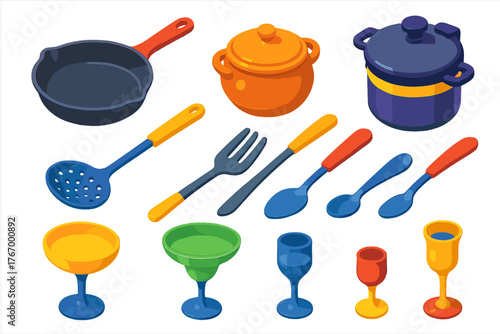 Colorful Kitchenware Icons. Isometric vector illustration set Kitchen and Dining Elements: cast iron skillet, carbon steel pan,