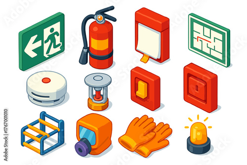 First Aid Tools. Isometric vector illustration set First Aid and Healthcare Tools: emergency exit sign, fire extinguisher, fire