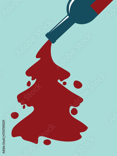 Alcohol bottle, Christmas tree, splashes, New Year's celebration concept, flat design, red wine. Chardonnay, Cabernet, Martini, Champagne, drink party, booze, restaurant banner, alcohol menu