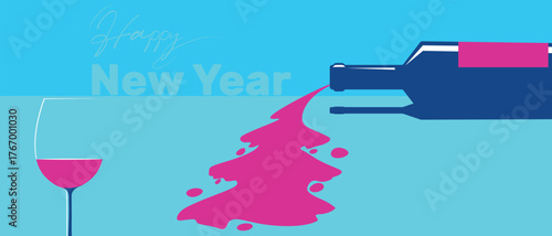 Happy New Year, restaurant poster, party, wine bottle lying on its side, spilled wine, Christmas tree. Flat design: alcohol bottle, glass, party banner, wine tasting, drinking