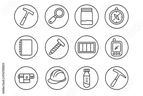 Geological Tools Icons. Line style icons of geological tools in round shape: rock hammer, hand lens, sample bag, compass