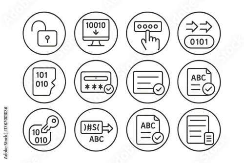 Decryption Icons Collection. Line style icons of decryption in round shape: open padlock, decoding screen, passcode entry, cipher