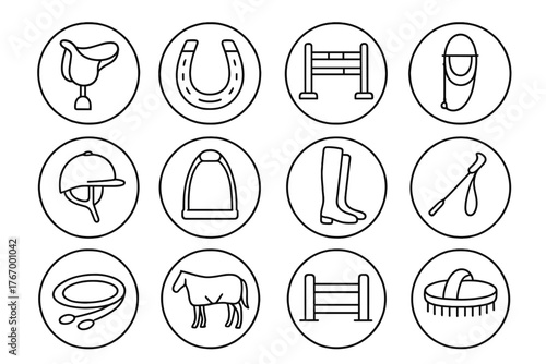 Equestrian Line Icons. Line style icons of equestrian in round shape: saddle, horseshoe, jump, bridle; riding helmet, stirrup,