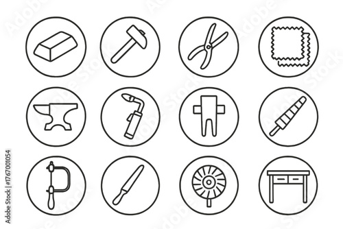 Silversmithing Tools Icons. Line style round vector icons of Silversmithing: Silver Ingot, Hammer, Jewelry Pliers, Polishing Cloth