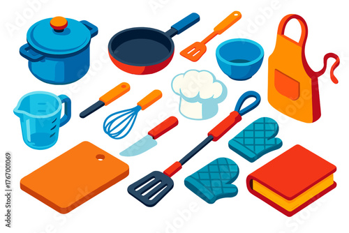 Bold Cooking Icons. Isometric vector illustration set Education: cooking pot, frying pan, spatula, mixing bowl, whisk, measuring