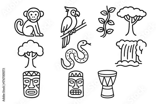 Jungle Line Icons. Line style icons of Jungle: Monkey, Parrot, Vine, Tree Canopy, Snake, Waterfall, Tribal Mask, Drum, No text, No