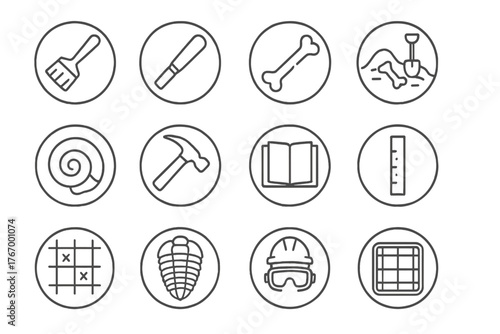 Paleontology Tools Icons. Line style circular vector icons of Paleontology: Brush, Chisel, Dinosaur Bone, Dig Site; Fossil, Rock