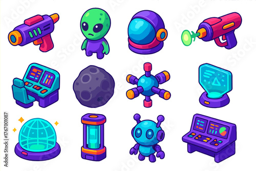 Futuristic Gamer Icons. Isometric vector illustration set Gaming: sci-fi blaster, laser gun, alien creature, space helmet,