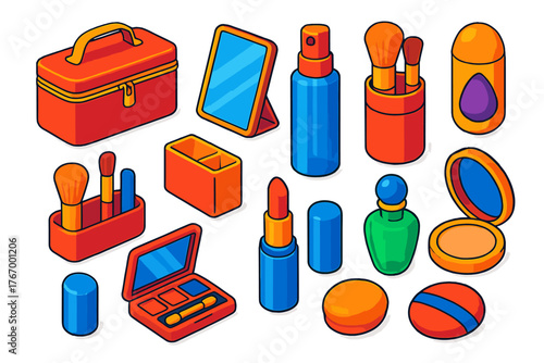 Makeup Travel Essentials. Isometric vector illustration set Makeup Essentials and Accessories: travel vanity case, foldable mirror
