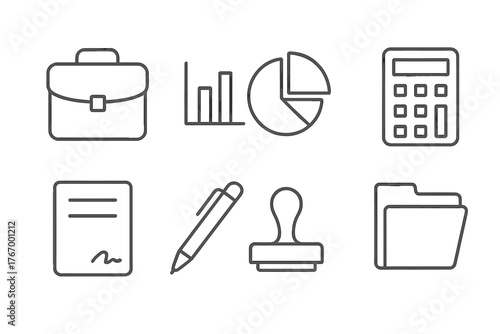 Business Line Icons. Line style icons of Business Work: Briefcase, Bar Graph, Pie Chart, Calculator, Contract, Pen, Stamp,