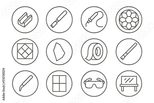 Stained Glass Craft Icons. Line style round vector icons of Stained Glass: Lead Came, Glass Cutter, Solder, Rose Window; Pattern