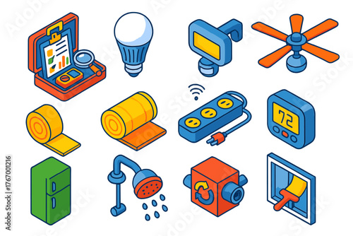 Energy Efficiency Tools. Isometric vector illustration set Energy Efficiency Tools: energy audit kit, LED light bulb, motion