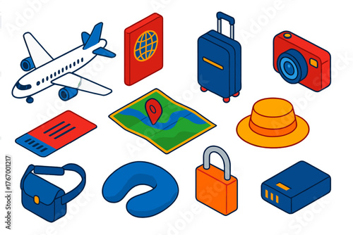Air Travel Essentials. Isometric vector illustration set Air Travel Essentials: commercial aircraft, e-passport, upright roller