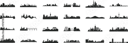 City skyline silhouette set, iconic architecture, skyscrapers, towers, bridges, urban design, travel landmarks, black vector, global cityscape collection