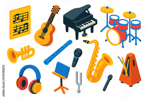 Colorful Music Icons. Isometric vector illustration set Education: music sheet, guitar, piano, drum set, trumpet, flute, saxophone
