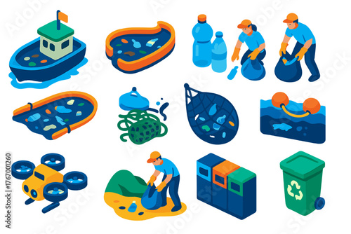 Ocean Cleanup Icons. Isometric vector illustration set Ocean Cleanup: cleanup boat, floating trash barrier, volunteers collecting