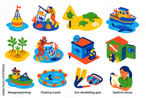 Marine Conservation Icons. Isometric vector illustration set Ocean and Marine Conservation: marine protected area buoy, coral reef