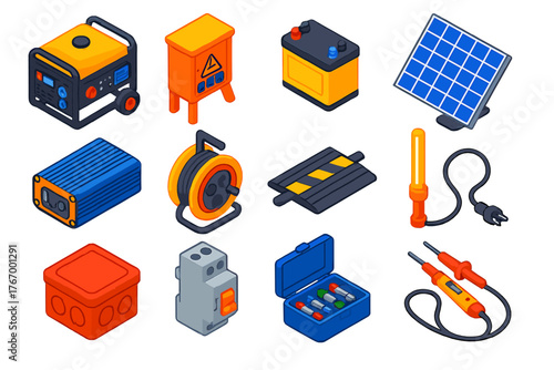 Construction Tools Icons. Isometric vector illustration set Construction: portable generator, power distribution box, battery pack