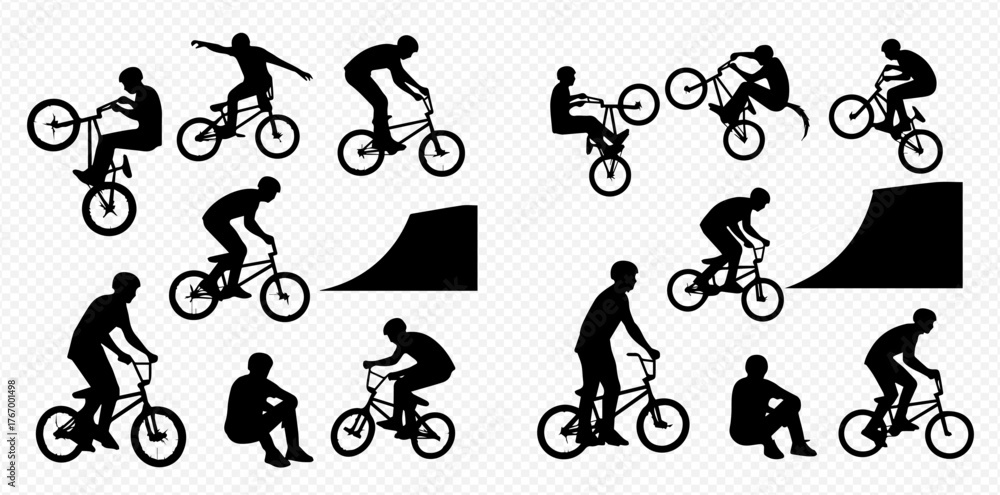 Fototapeta premium Silhouettes of BMX riders performing various tricks and poses, including jumps and wheelies.