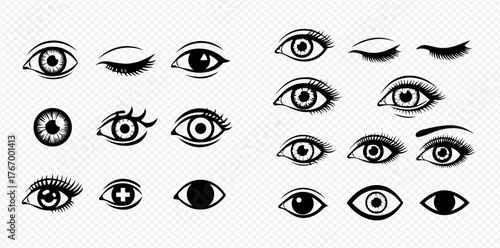 A collection of various eye illustrations in black and white.