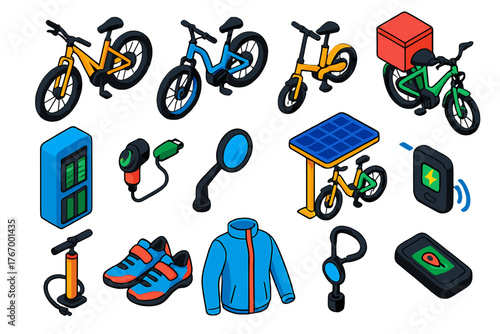Electric Bicycle Icons. Isometric vector illustration set electric bicycle: pedal-assist e-bike, throttle e-bike, folding compact