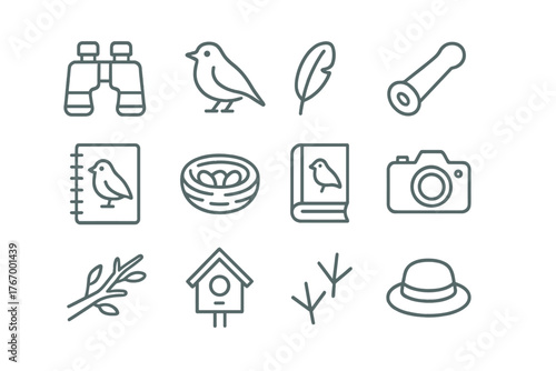 Birdwatching Icon Set. Line style circular vector icons of Birdwatching: Binoculars, Bird Silhouette, Feather, Bird Call Device;