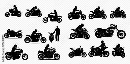 Silhouetted motorcycles and scooters with riders in various poses, showcasing different models and riding styles.