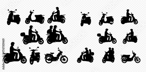Silhouetted scooters and mopeds in various poses, some with riders.