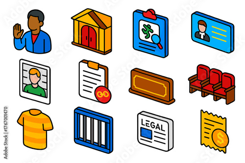 Law and Justice Icons. Isometric vector illustration set Law and Justice: witness oath, courtroom entrance, lawyer’s business card