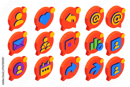 Social Media Alerts. Isometric vector illustration set Social Media Alerts: new follower alert, post like notification, comment