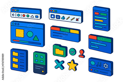 Colorful UI Elements. Isometric vector illustration set Desktop Software UI Elements: menu bar, toolbar, status bar, workspace