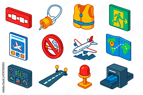 Air Travel Safety Icons. Isometric vector illustration set Air Travel Safety: seatbelt sign, oxygen mask, life vest, emergency