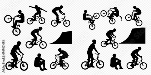 Silhouettes of BMX riders performing various tricks and poses, including jumps and wheelies.