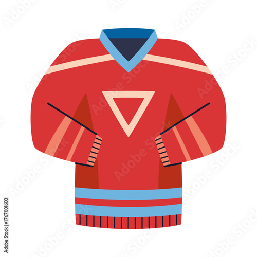 Red hockey jersey with geometric pattern, warm sports uniform for winter games. Trendy modern vector illustration isolated on white background, hand drawn, flat design