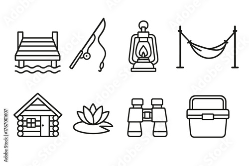 Lake Life Icons. Line style icons of Lake life: dock, fishing rod, lantern, hammock, cabin, water lily, binoculars, cooler box, No